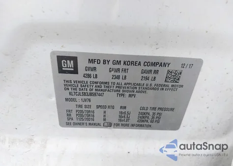 2018 Chevrolet Trax Lt z USA, uszkodzony, nr VIN KL7CJLSB3JB597447